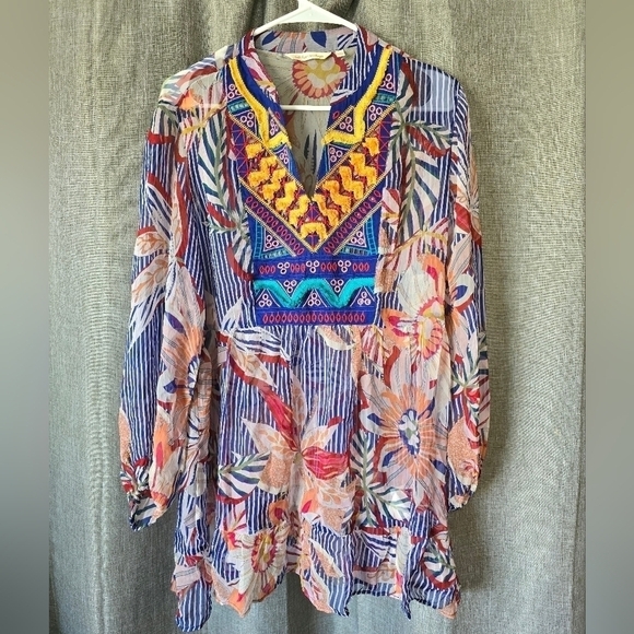Soft Surroundings Tops - Soft Surroundings Woman's Tory Tunic Floral Stripe Embroidered Boho Top Size L